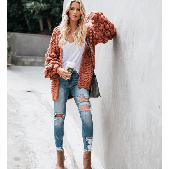 NWT Popcorn Sleeve Rust Handmade Cardigan - Picture 6 of 8